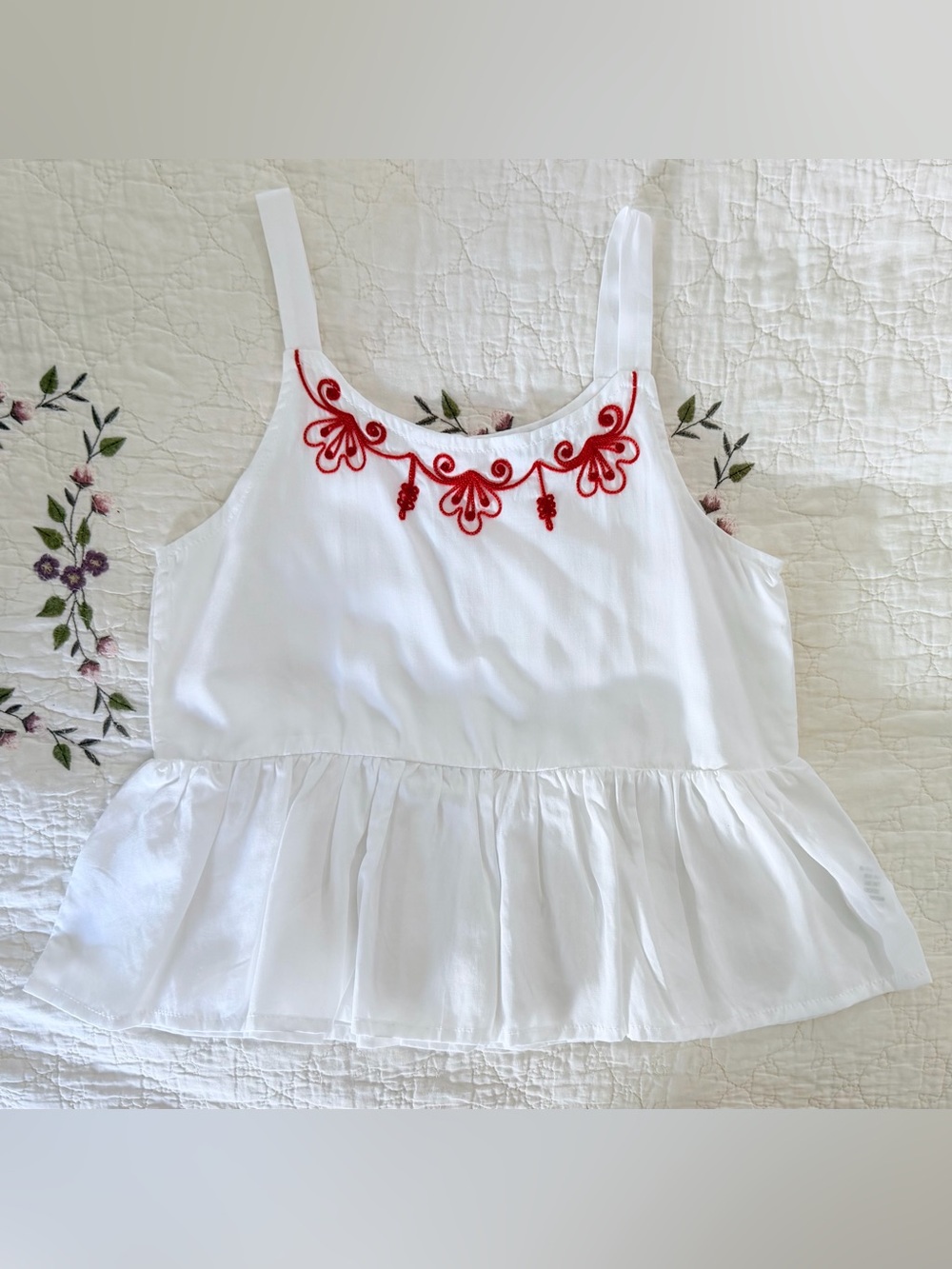 Girls' White Tank Top with Red Embroidered Neckline - Kids